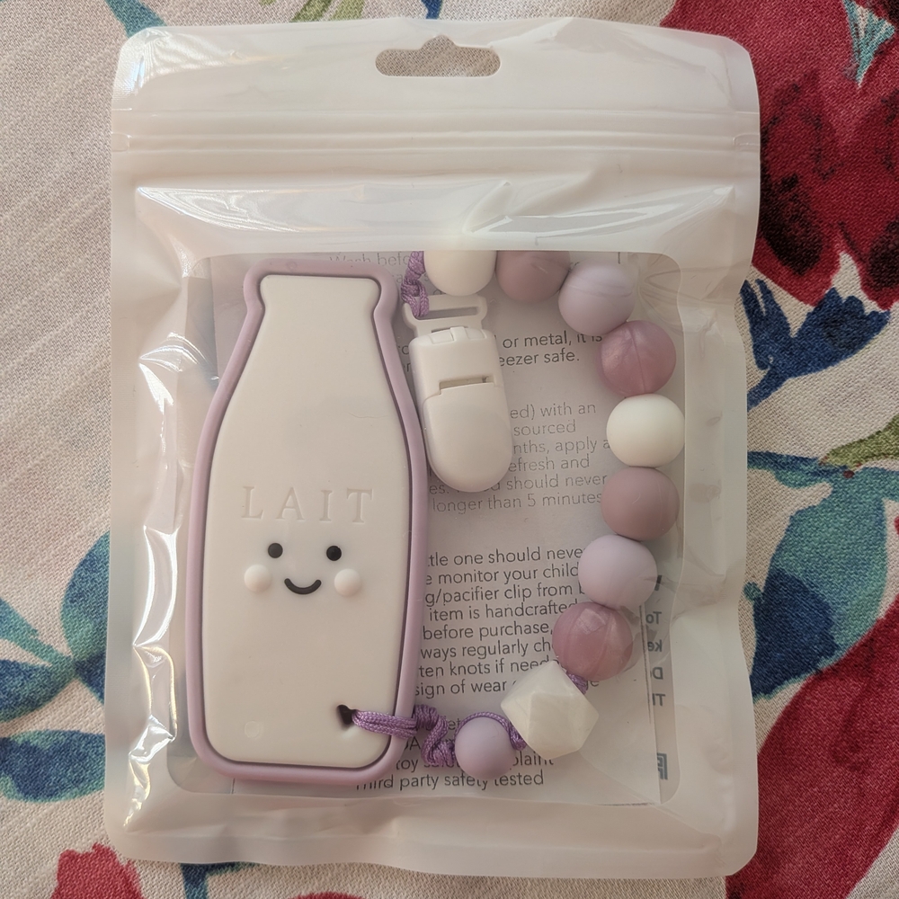 Cute Milk Bottle Teether with Beaded Clip